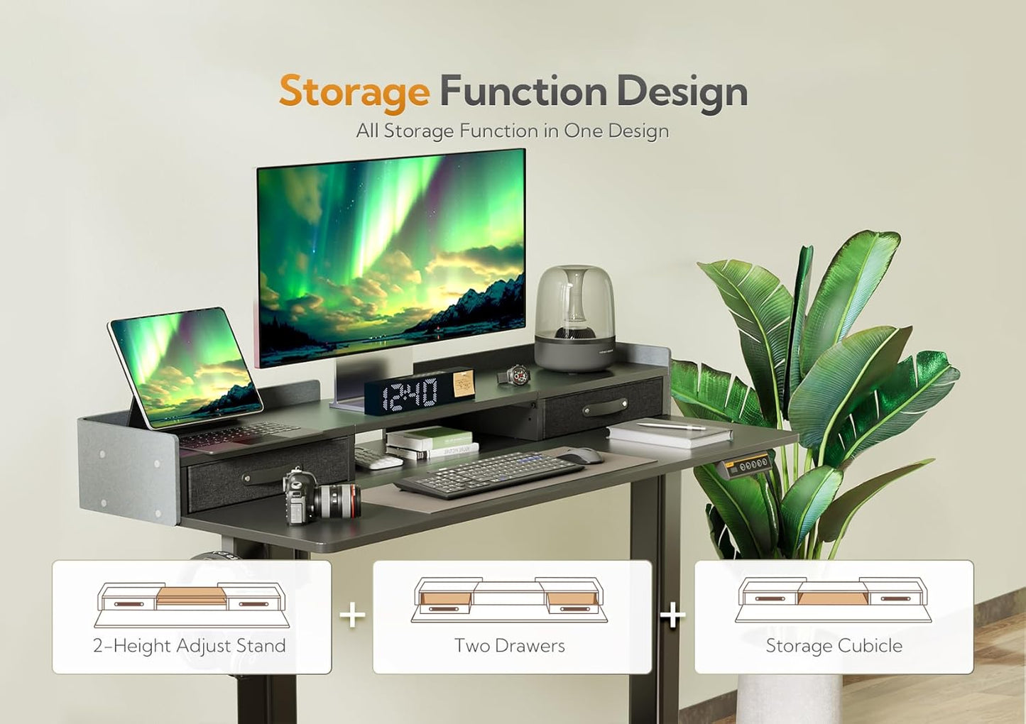 Claiks Standing Desk with Drawers, Stand Up Electric Standing Desk Adjustable Height, Sit Stand Desk with Storage Shelf and Splice Board, 48 Inch, Black