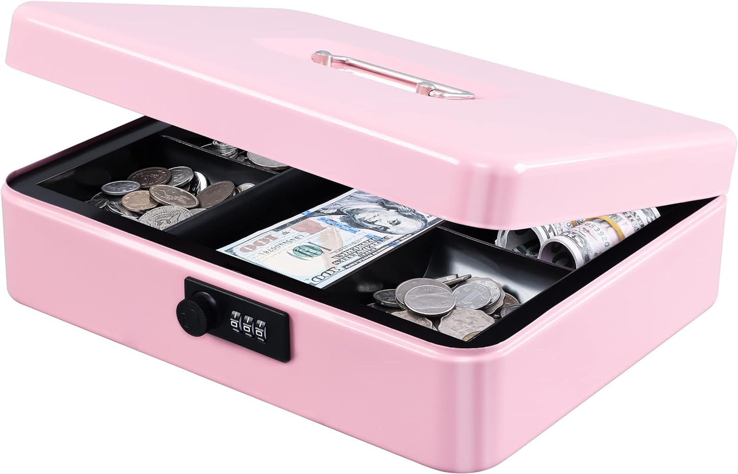 KYODOLED Metal Cash Box with Combination Lock Money Box for Cash Safe Metal Box with Money Tray for Security Lock Box 11.81"x 9.45"x 3.54" Pink X Large