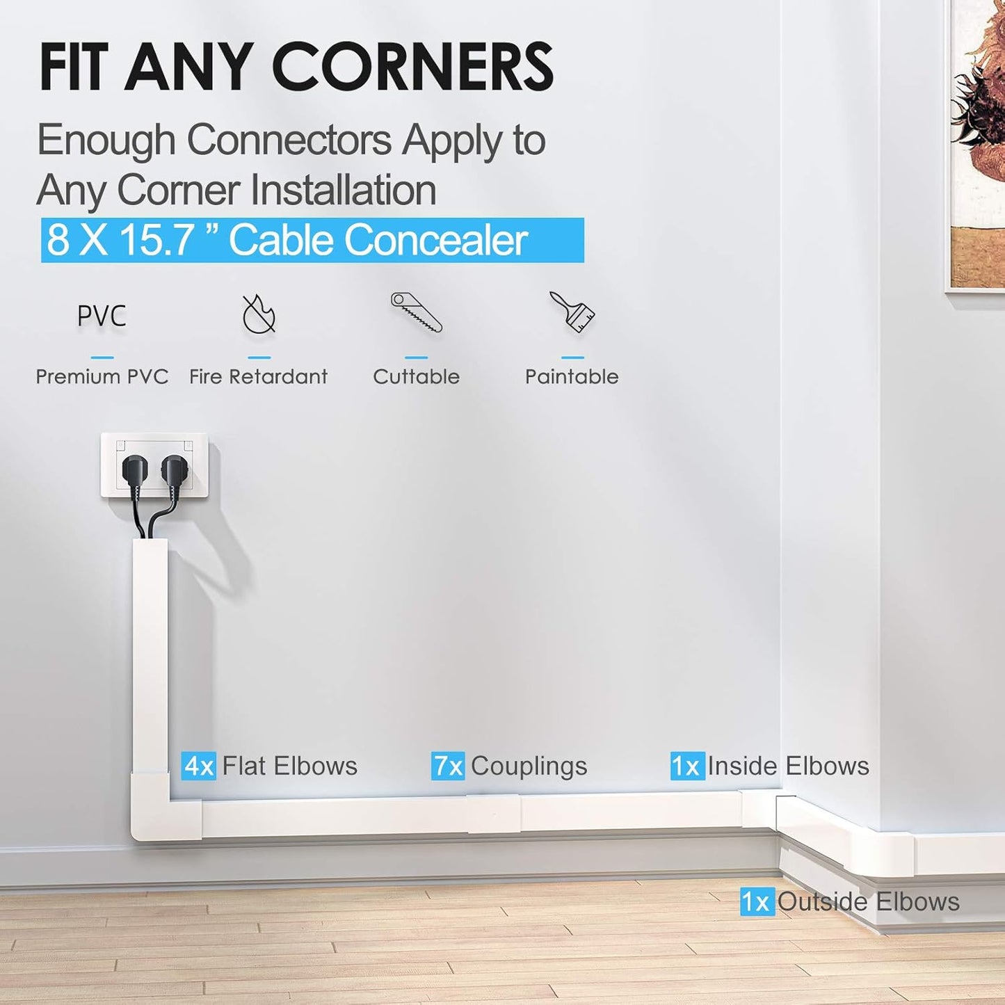 Yecaye 125in Large Cord Hider for 3-4 Wires, Paintable Cord Cover Wall Cable Management System, PVC Wire Hide, Cable Raceway Kit for Wall Mount TV, W1.18in H0.67in, White