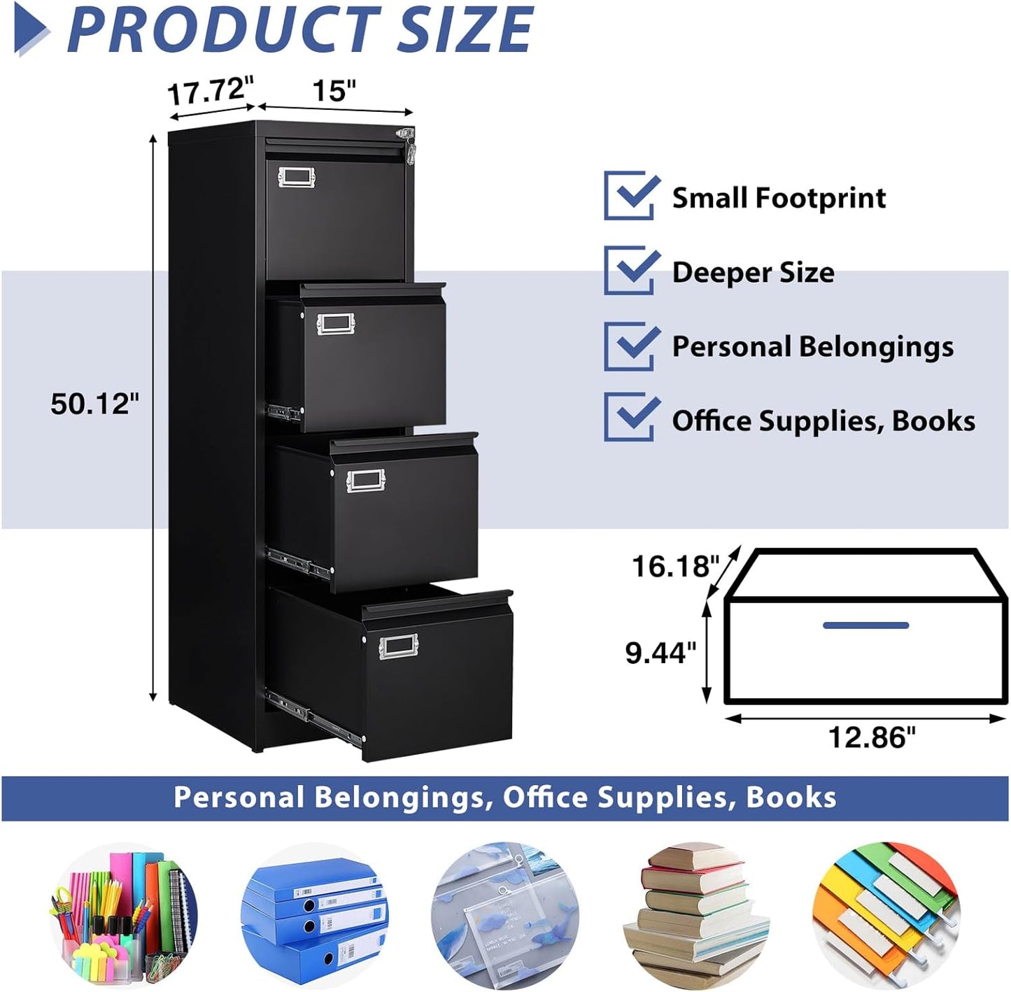 4 Drawer File Cabinet, Filing Cabinets for Home Office, Metal Vertical File Storage Cabinet with Lock, Locking File Cabinet for A4 Legal/Letter, 15" W x 17.7" D x 50.1" H, Assembly Required