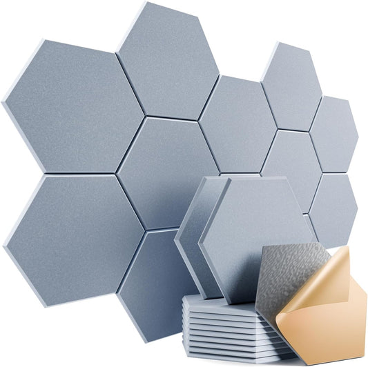 12 Pack Self-adhesive Acoustic Panels 12" X 10" X 0.4" - Sound Proof Foam Panels with High Density, Stylish Hexagonal Design, Flame Resistant, Absorb Noise and Eliminate Echoes(Smoky Gray)