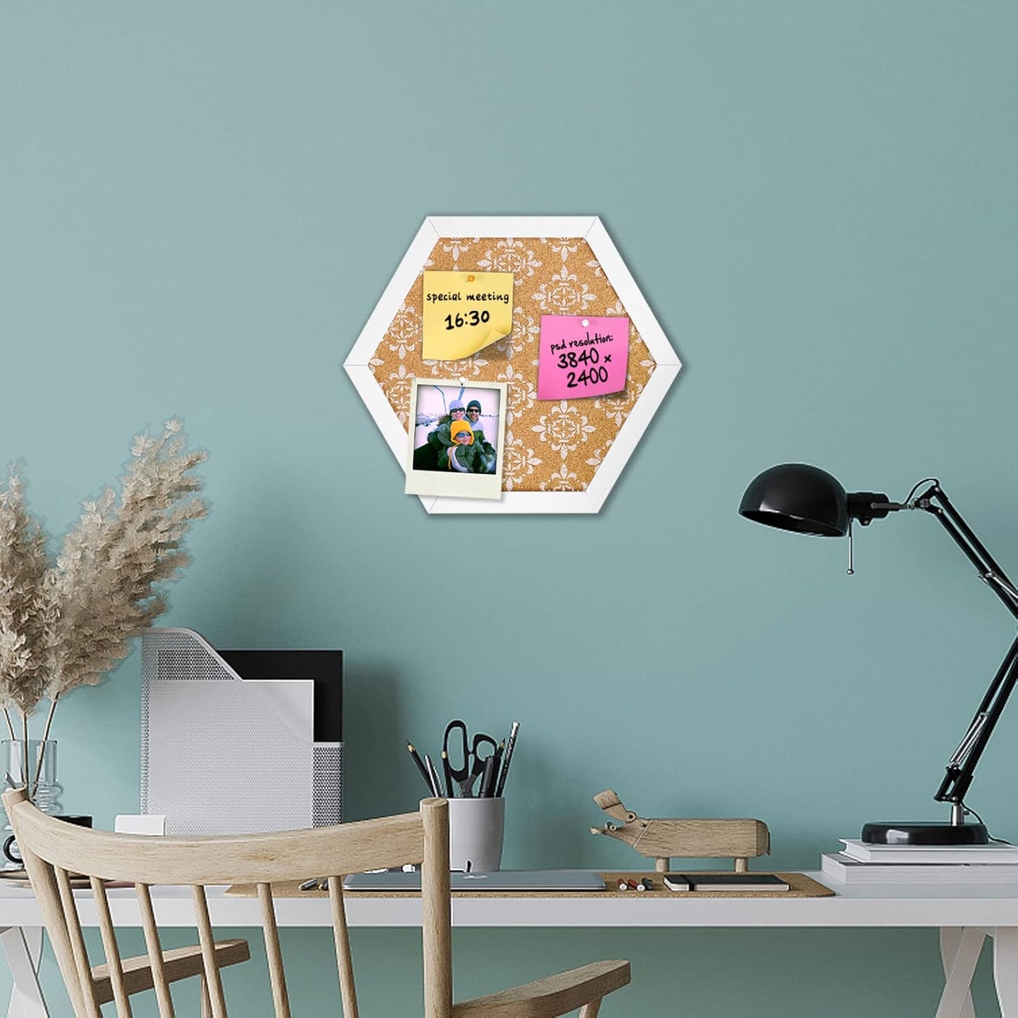 Decorative Cork Board for Walls, Hexagon Bulletin Board with Floral Print, White Framed Pin Board Vision Board for Office School Bedroom and Dorm Room with Pins, Screws(L2529,1pc)
