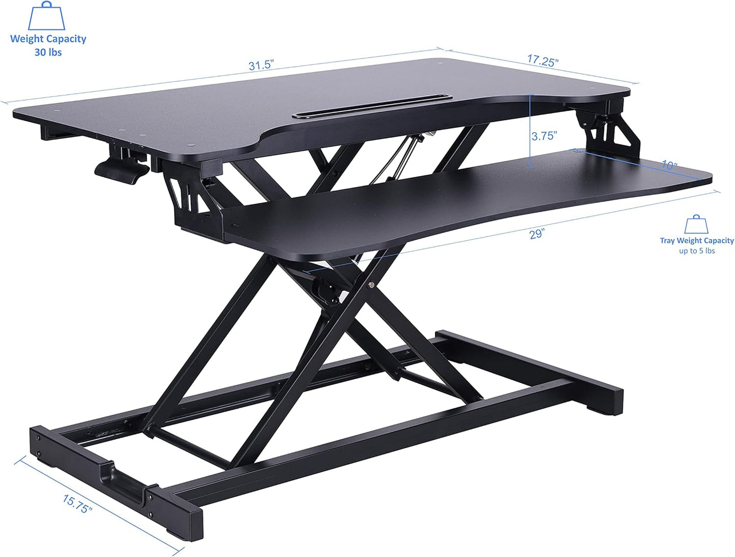 Rocelco Standing Desk Converter with Dual Monitor Mount - 31.5 Inch Sit Stand Up Tabletop Riser with Tablet Holder, Height Adjustable Workstation - Deep Keyboard Tray for Laptop - Black (R VADRB-DM2)