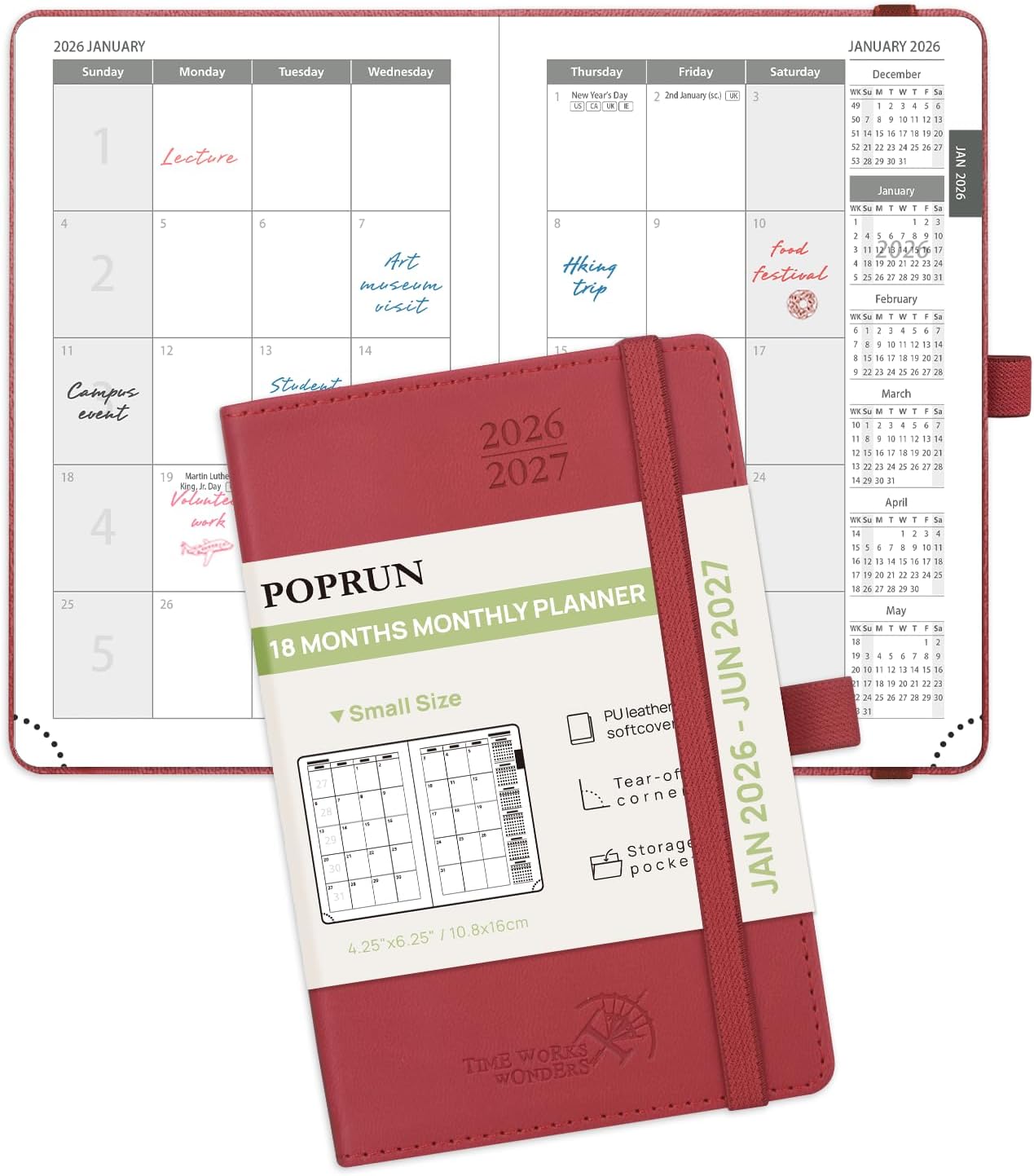 POPRUN Pocket Monthly Planner 2026-2027 (Pocket- 4''x 6.25'' Soft Leather Cover) - 18 Month Calendar Book for Purse (Jan.2026 - Jun. 2027), 100 GSM Thick Paper - Burgundy