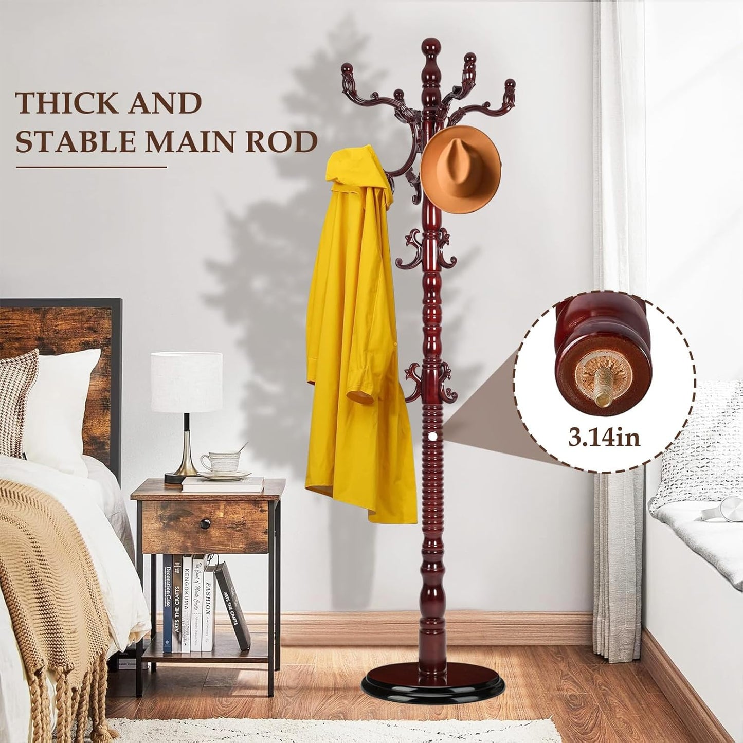 Wood Coat Rack Freestanding, Natural Coats Tree Stand with 14 Hooks, 73" Sturdy and Easy Assembly Coat Rack Stand for Entryway, Hallway, Bedroom, Bags, Hats (Heavy-duty Disc Base, Rosewood)