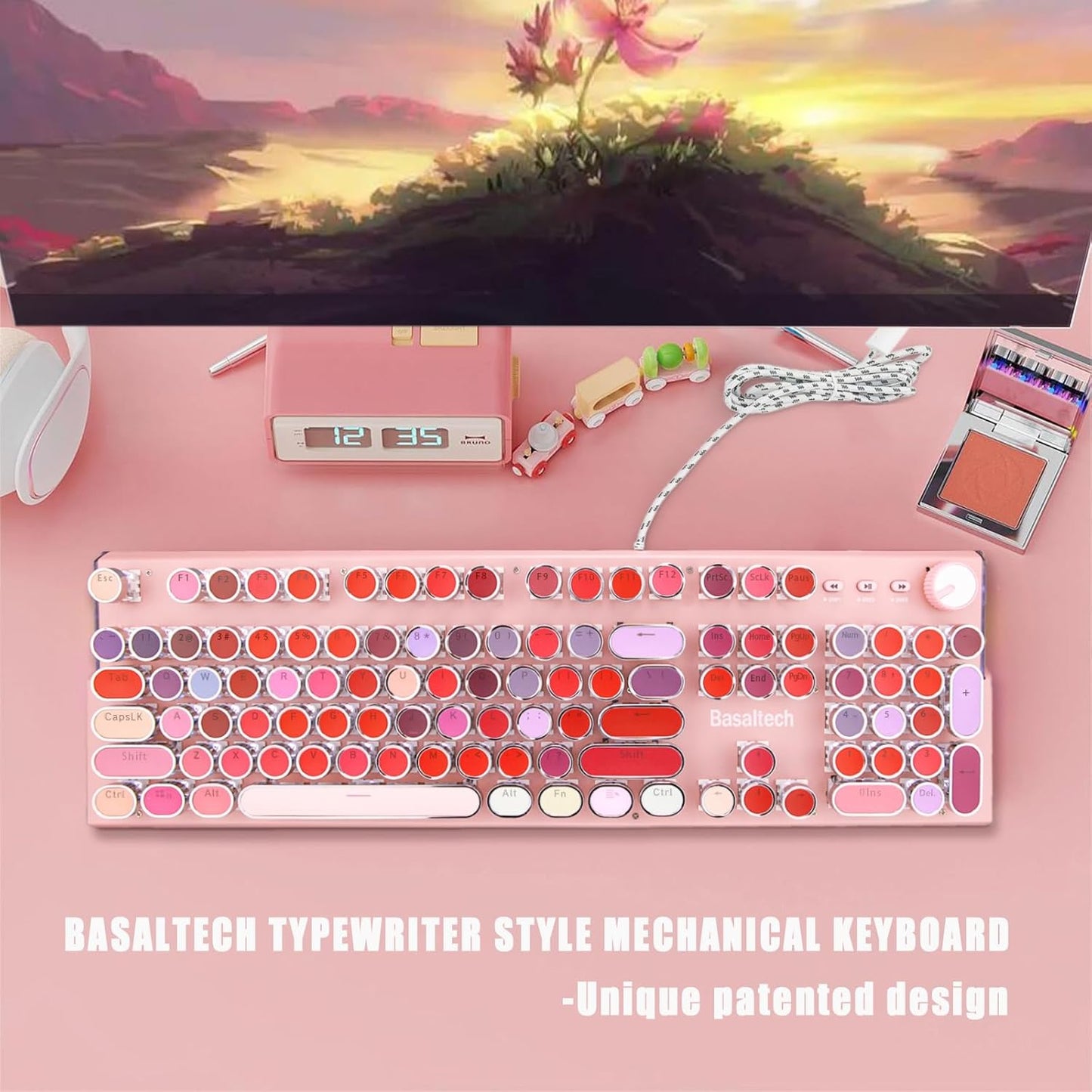 Basaltech Pink Keyboard Typewriter Style with White LED Backlight,Vintage Mechanical Gaming Keyboards with Lipstick Round Keycaps, Blue Switches 104-Keys Wired Keyboard Metal Panel for Laptop/pc