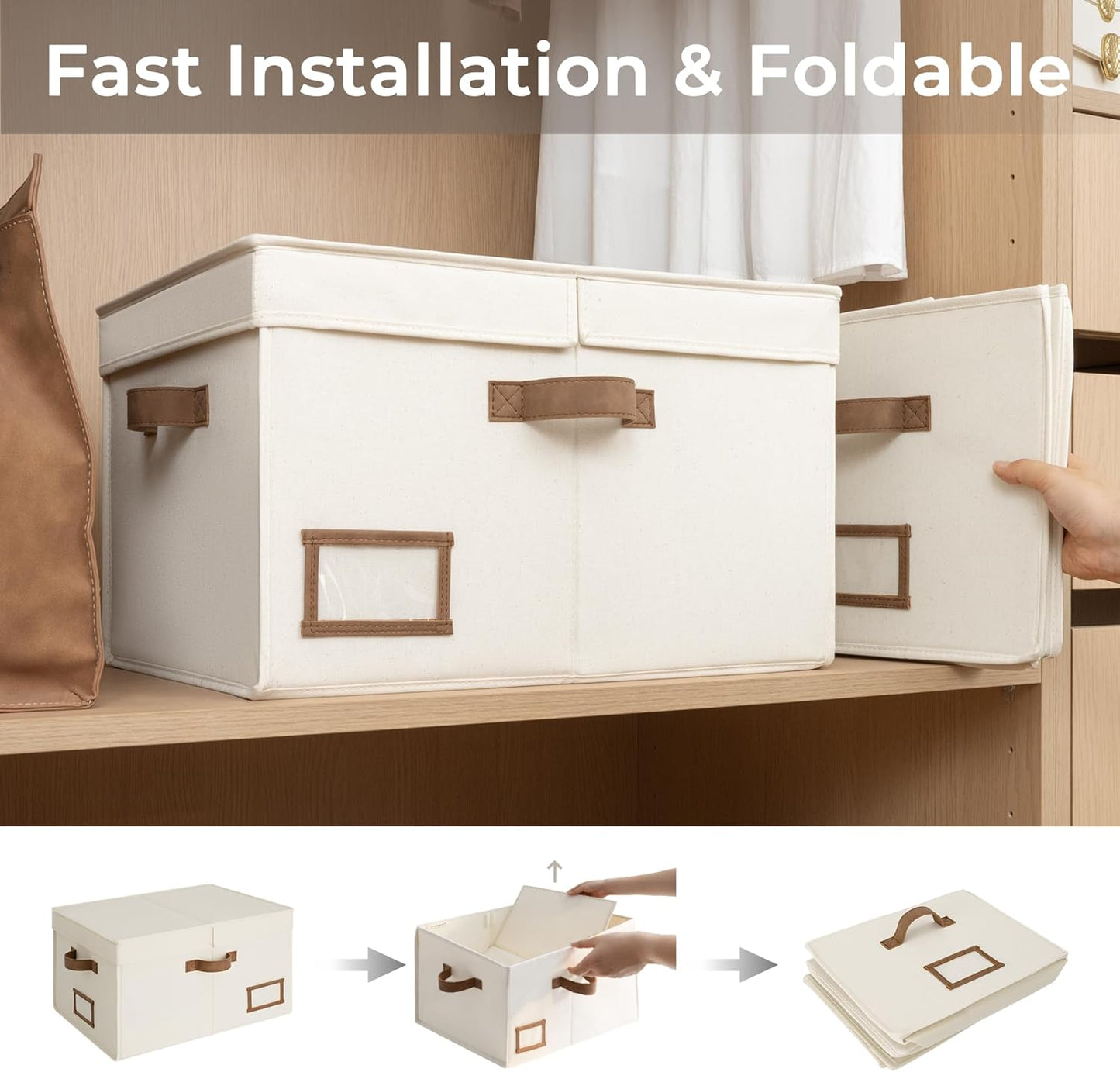 StorageWorks Large Clothes Storage Bins, Fabric Boxes with Divider Board, Baskets for Clothes, Linen Closet Organizers with Lid, Ivory White, 2-Pack