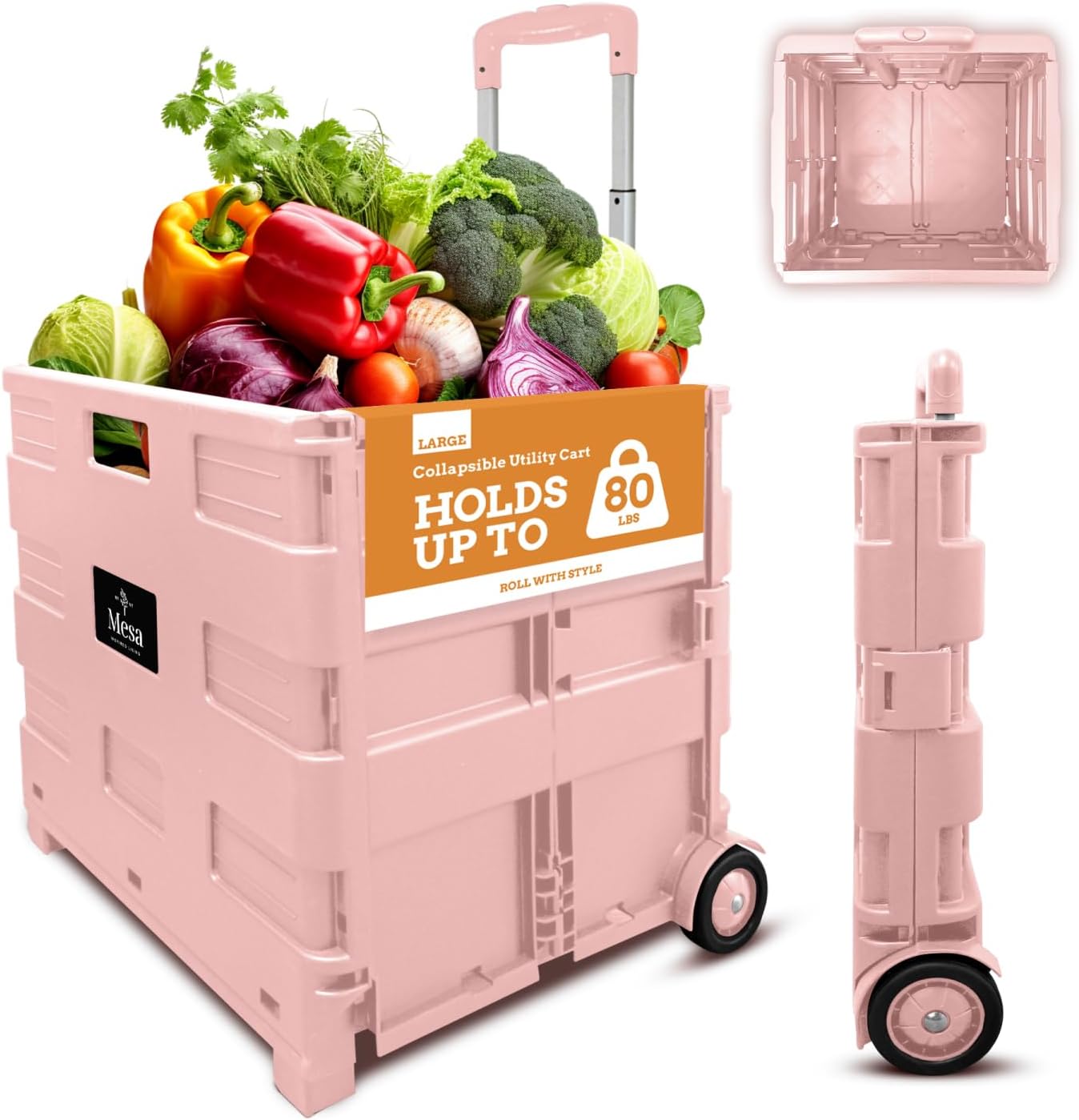 Inspired Living Ultra-Slim Rolling Collapsible Storage Pack-N-Roll Utility-carts, with Telescopic Handle, for Home, Garden, Shopping, Office, School use, Large, Raspberry Pink