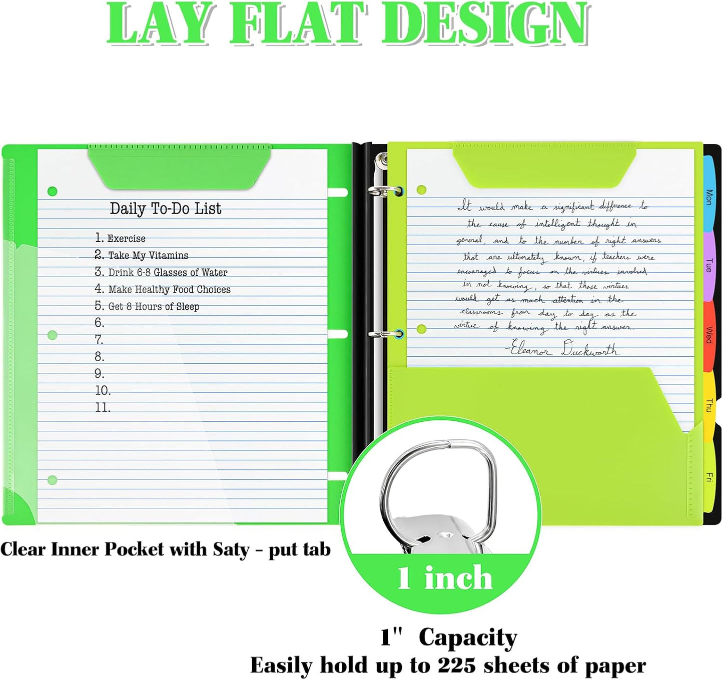 INFUN 1 Inch Telescoping 3 Ring Binder - 1PCS,Flexible Round Binder with Customizable Front Cover and Clear Catalog Pocket, 1 Inch Rings, 225 Sheet Capacity- Green