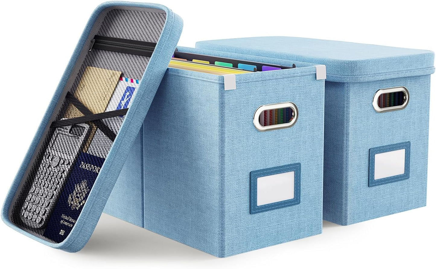 Oterri File Organizer Box with Lid, Hanging Filing File Box with Mesh Pocket, Document Organizer Box for Letter Files, Portable Storage Box with Smooth Sliding Rail for Office&Home (2 PCS, Sky-blue)