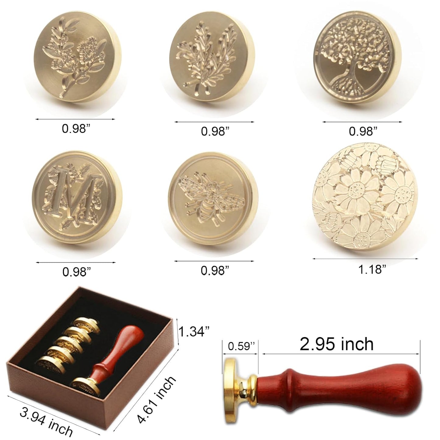 Wax Seal Stamp Set - 6 Pcs Botanical Copper Seals, 1 Wooden Hilt, Kit Including Eucalyptus, Bee, Daisy, Rosemary, Tree Life, Letter M Patterns