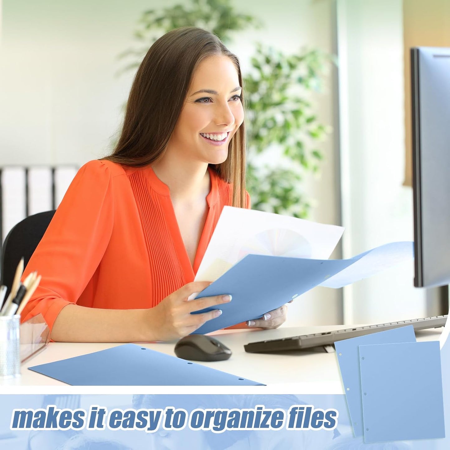 Yeaqee 100 Pcs Plastic Folders with Pockets Bulk 3 Hole Punched 2 Pocket File Folders for 3 Ring Binder Divider Folder for Notebooks, Durable Poly for Office Home (Haze Blue)