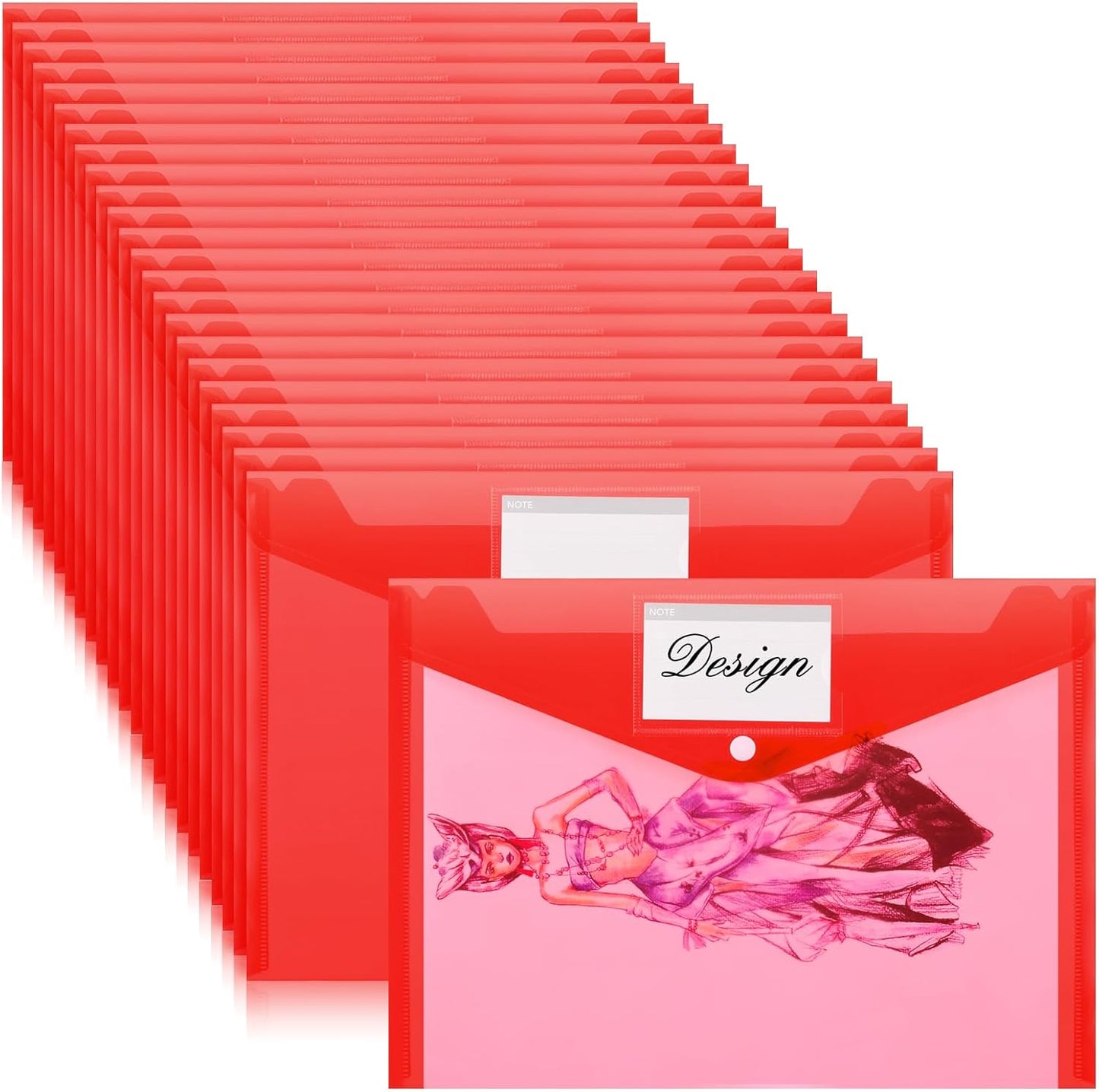 Lincia 24 Pcs Plastic Envelopes A4 Size Poly Envelopes File Folders Work Document Holder Office Paper Plastic File Organizer with Label Pocket Snap Button Home File Bag for School (Clear Red)