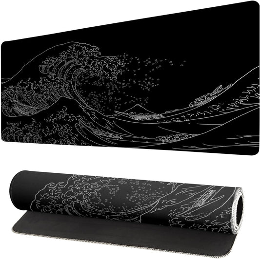 Extended Gaming Mouse Pad, Large Gaming Mouse Waterproof with Stitched Edges, Non-Slip Desktop Pad for Home and Office, Level Up Your 31.5x11.8 Inch… (Black Wave)