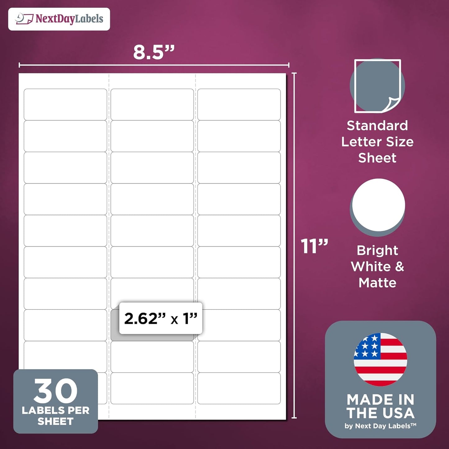 NextDayLabels - 2.5/8" x 1" Rectangular Sticker Labels for Printer - White Laser/Inkjet Printer Labels Return Address Labels Shipping Label Stickers (100 Sheets, 30 Per Sheet, 3000 Labels)
