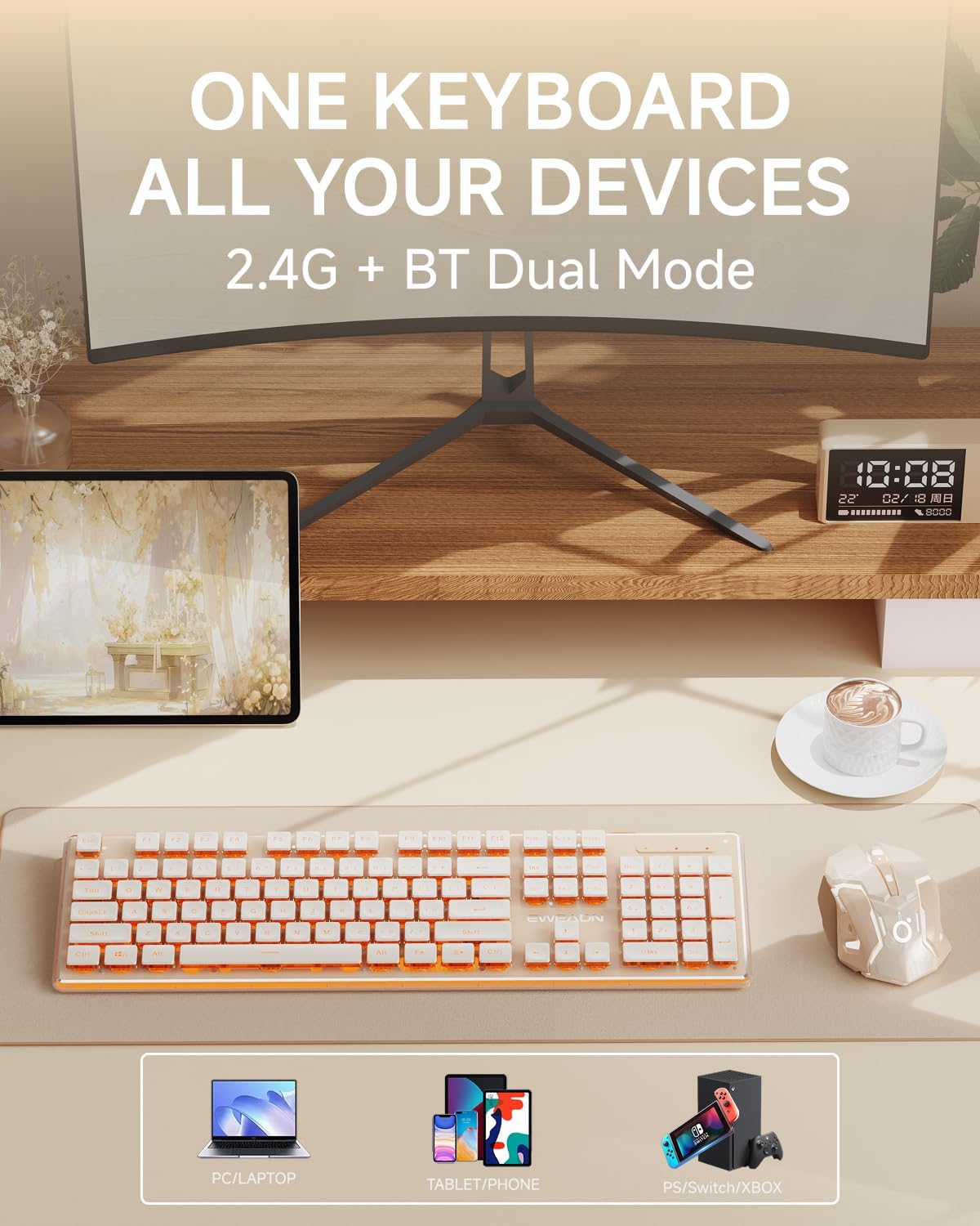 EWEADN V3 Wireless Keyboard and Mouse with Single Backlit, Metal Panel, Bluetooth/2.4G Rechargeable Computer Keyboard and Mouse Combo Silent Lighted Full Size Cute Keyboards-Rose Pink