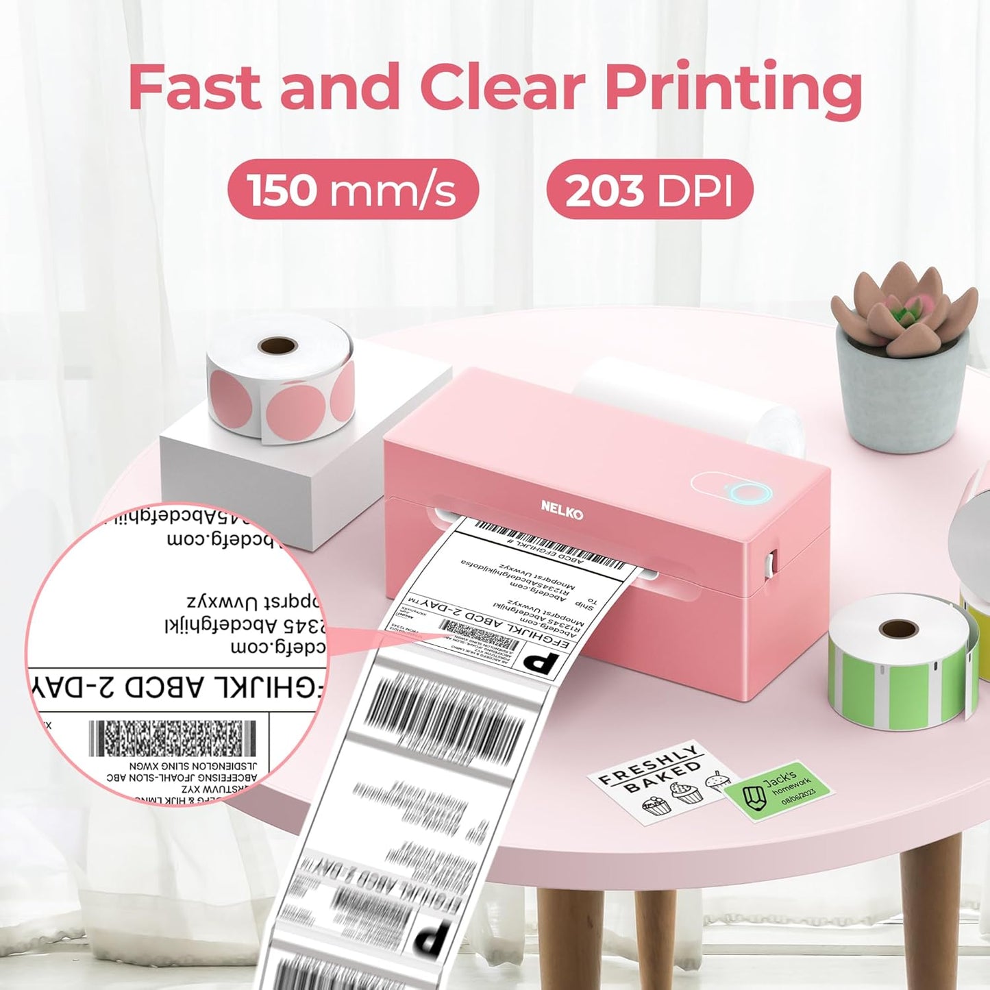 Nelko Bluetooth Thermal Shipping Label Printer, Wireless 4x6 Shipping Label Printer for Small Business, Support Android, iPhone and Windows, Widely Used for Amazon, Ebay, Shopify, USPS(Pink)