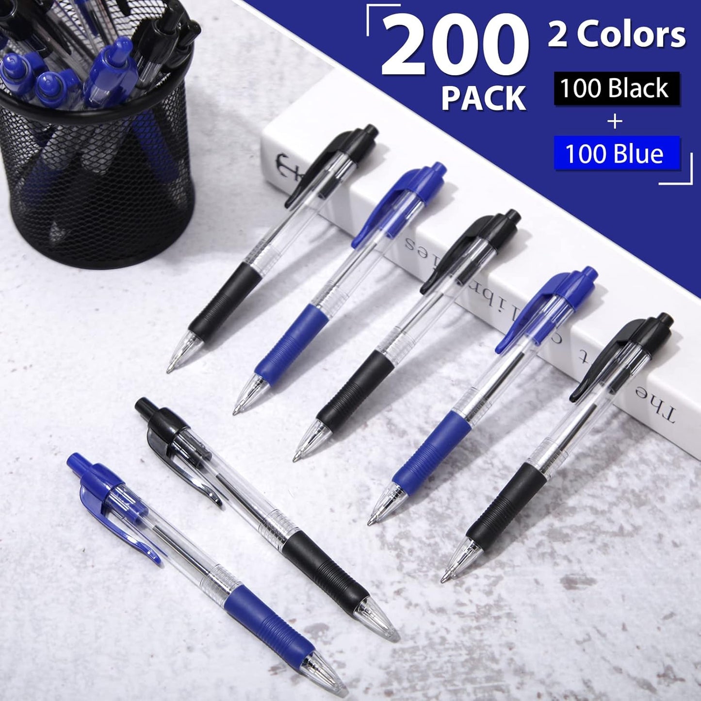 Fainne 200 Pack Retractable Ballpoint Pen 1.0 mm Medium Point Refillable Smooth Click Writing Pens With Grip for Work Journal Writing Office School Supplies(Black Ink, Blue Ink)