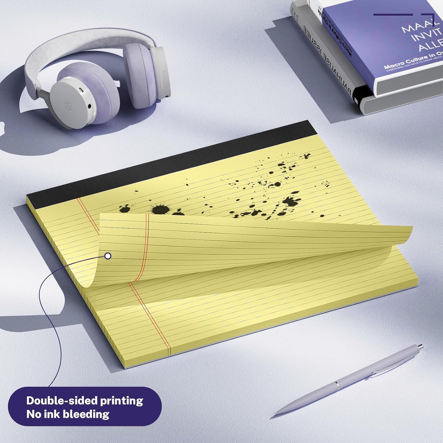 5 Pack Wide Legal Pads 11" x 9.5" Landscape Pink Purple Blue Green Yellow College Ruled Note Pad Narrow Ruled 30 Sheets per Notepad Perforated Writing Paper Thick Backboard Horizontal Pads of Paper