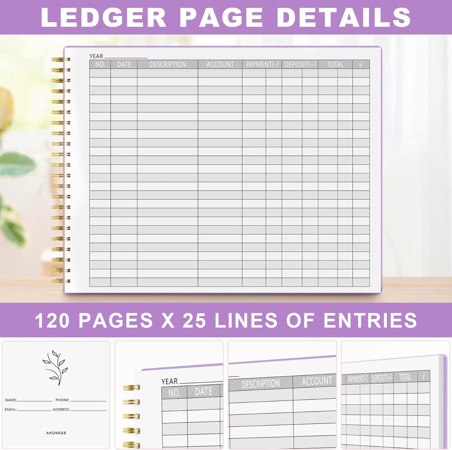 Accounting Ledger Book for Small Business Bookkeeping & Personal Use, Horizontal Expense Tracker Notebook for Family Budget, Bookkeeping Record Book Money Expense & Income Log Journal, Purple
