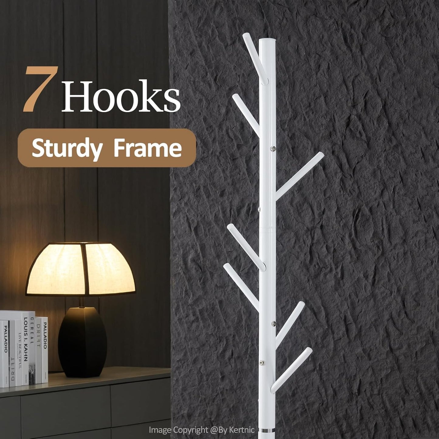 Kertnic Modern Coat Rack Freestanding with Natural Marble Base & Sturdy Metal Frame, 7 Hooks Hall Tree for Jackets, Hats, Bags, Entryway Organizer for Bedroom, Living Room, Closet (7 hooks-White)