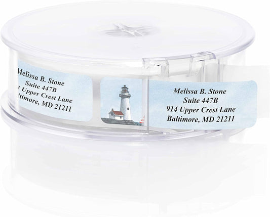 Lighthouse Designer Rolled Name & Address Labels with Elegant Plastic Dispenser