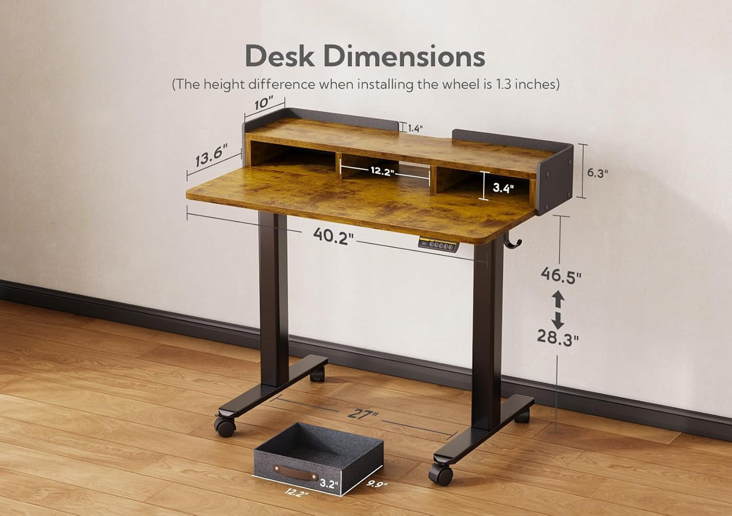 Claiks Standing Desk with Drawers, Adjustable Stand Up Electric Small Standing Desk Adjustable Height with Storage Shelf and Splice Board, 40 Inch, Rustic Brown