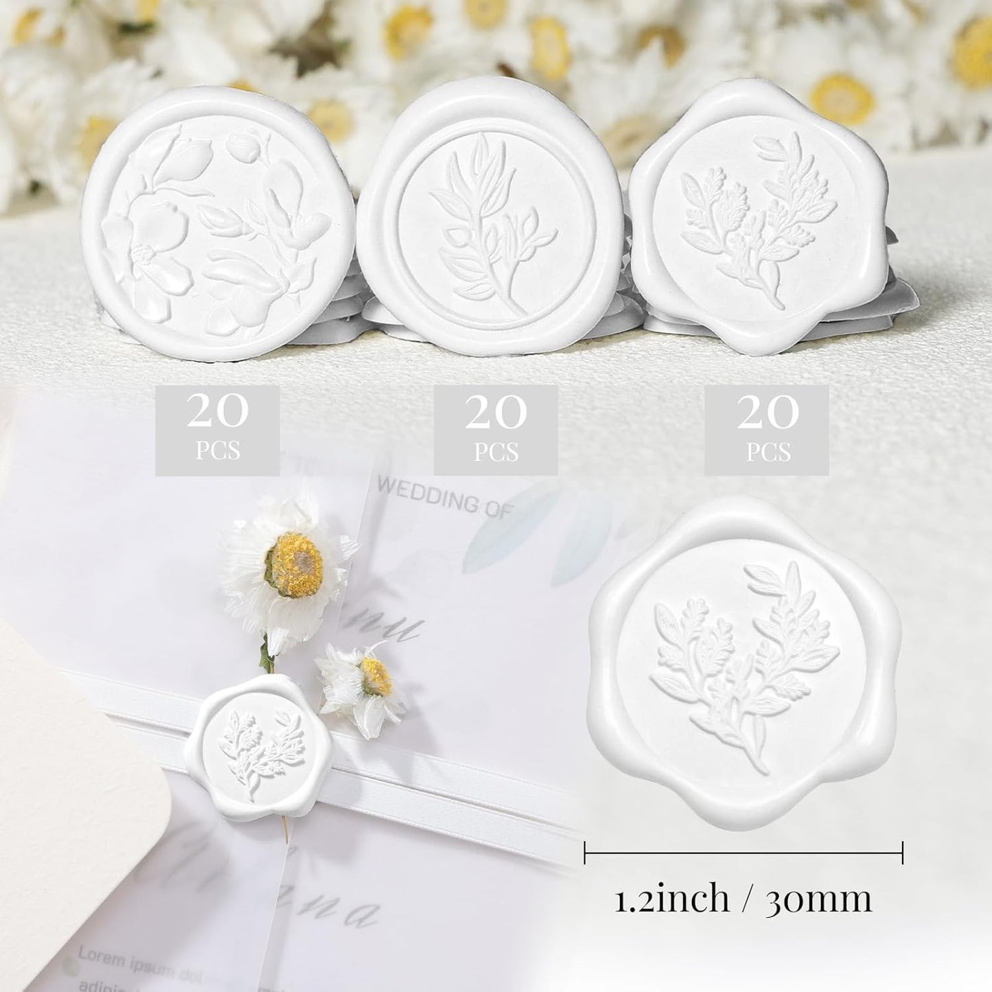 UNIQOOO Wax Seal Stickers - (3 Designs in 1 Pack) Wedding Invitation Envelope Seal Stickers, 60 Pcs Self-Adhesive Stickers, Perfect for Invitation, Christmas, Gift Wrapping (Snow White)