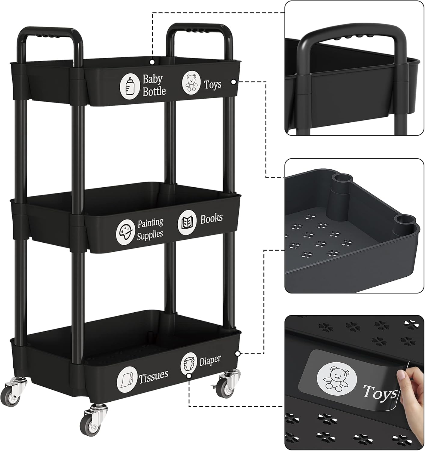UDEAR 3-Tier Rolling Utility Cart with 12 Category Labels,Multifunctional Comagtable Rolling Shelving with Handle and Lockable Wheels for Room,Office,Kitchen,Bathroom,Black