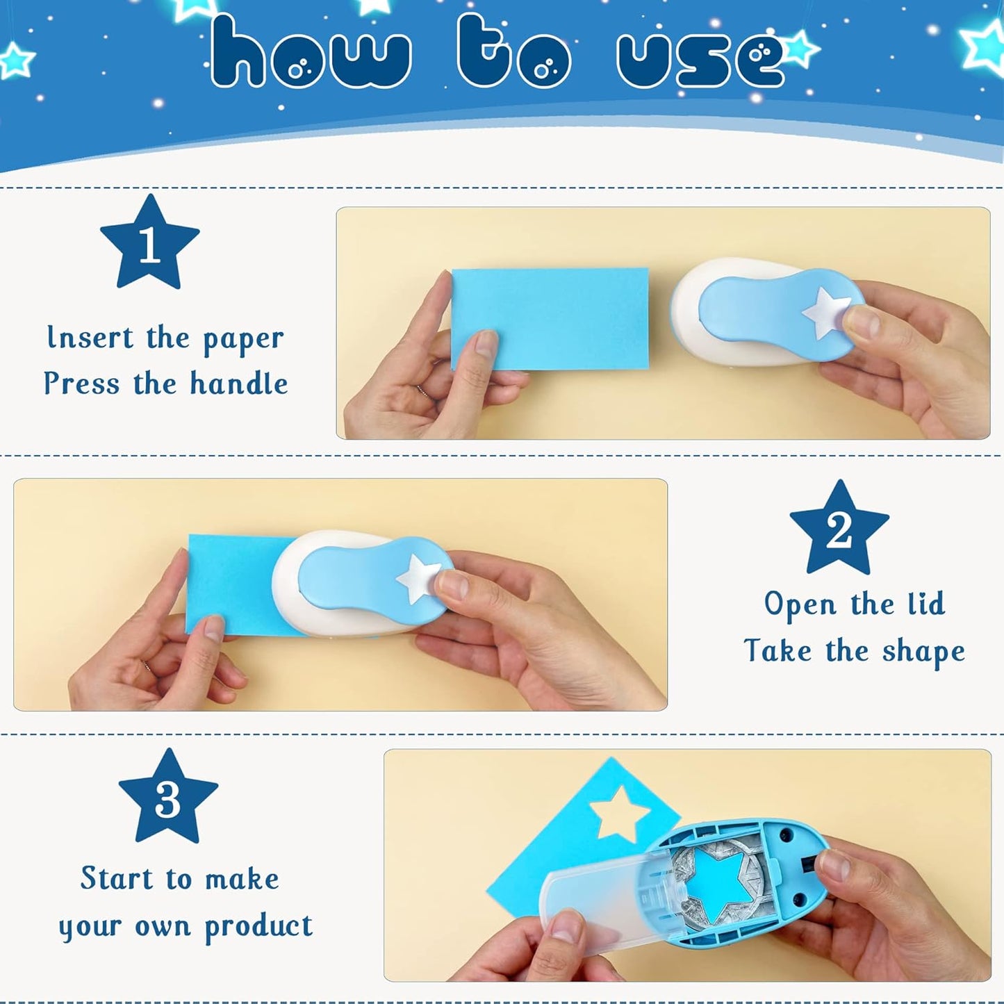 Set 3 Star Paper Punch 0.3'' / 0.63'' / 1'', Scrapbooking Hole Punches Crafting, Design for Office Supplies, Card Making, DIY Photo Album.