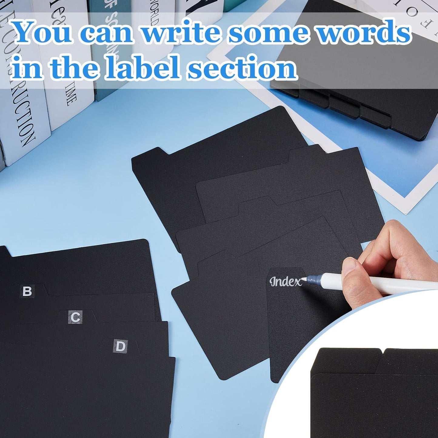 Lewtemi 50 Pcs Index Card Dividers 3 x 5 Inch Index Card Dividers with Tabs Guides with 2 Pcs Alphabet Number Stickers for Office Recipe Business (Black)