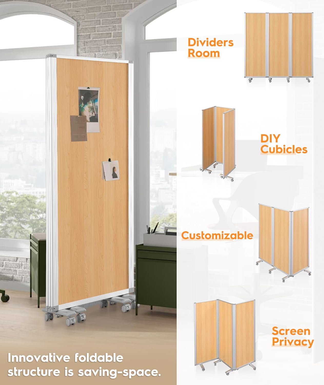 3-Panel Room Partition Mobile Wall Divider Folding Privacy Screen Temporary Room Separator,Natural Wood Grain Print,71" H x 24" W