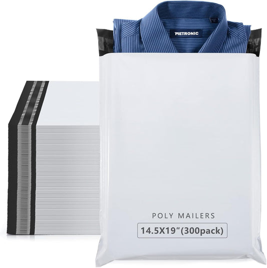 Metronic 300 Pcs Shipping Bags 14.5x19, Large Poly Mailers for Small Business Supplies, White Poly Bags for Clothing Packing Supplies, Strong Adhensive Self Seal Mailing Packing Bags Postal Bags