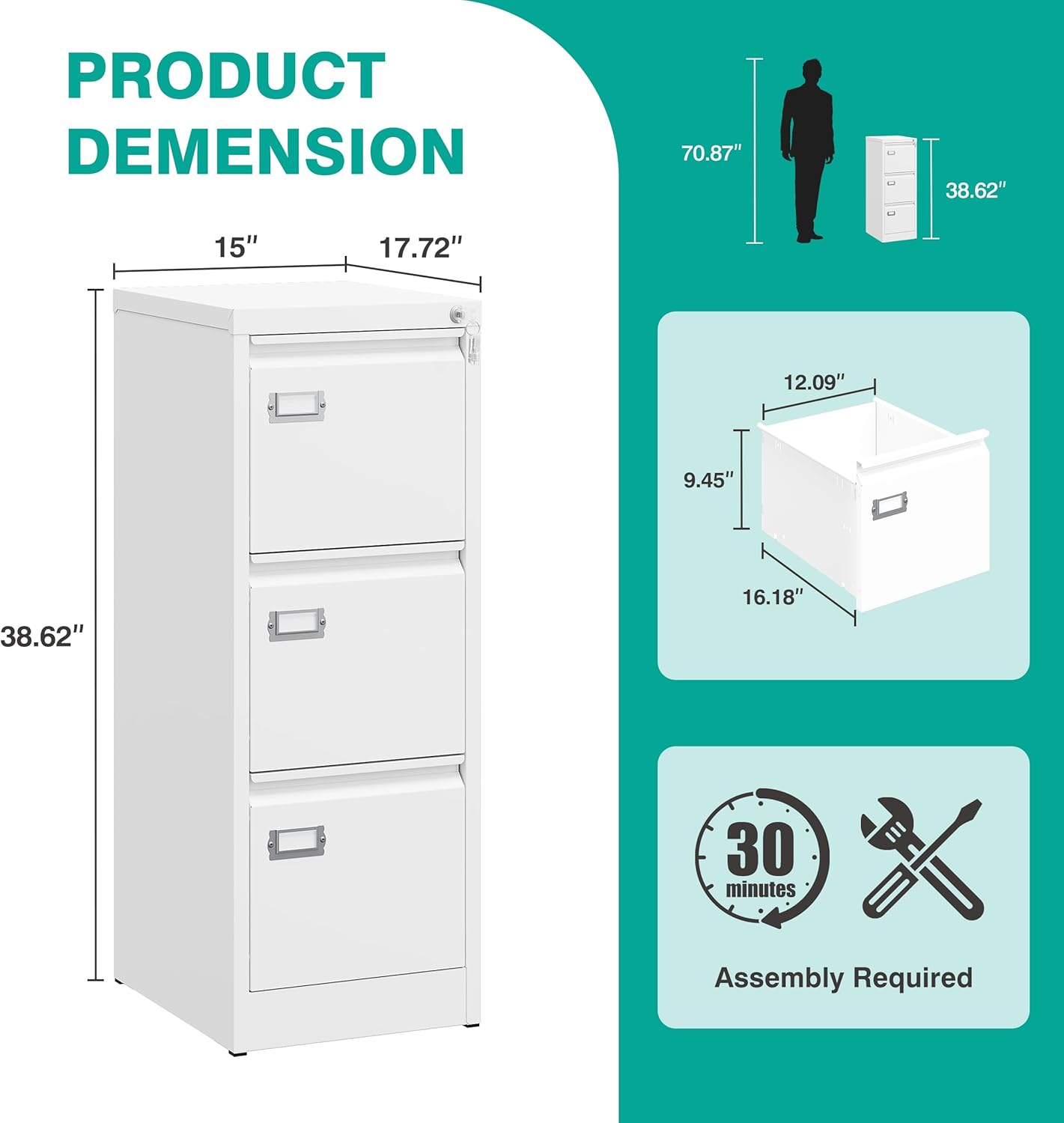 SISESOL 3 Drawer File Cabinet with Lock and Tag,Narrow Three Drawer Filing Cabinet,Vertical Metal File Cabinets,White Filing Cabinets for Home Office Fit Letter/A4/Legal Size File,Easy Assembly