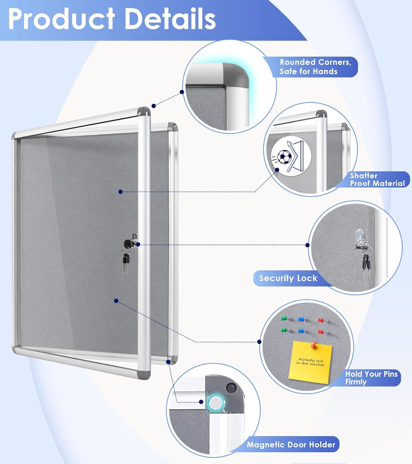 SWANCROWN Fabric Bulletin Board Enclosed Wall-Mounted Display Case for Office Classroom Home,26x20inch(4xA4)