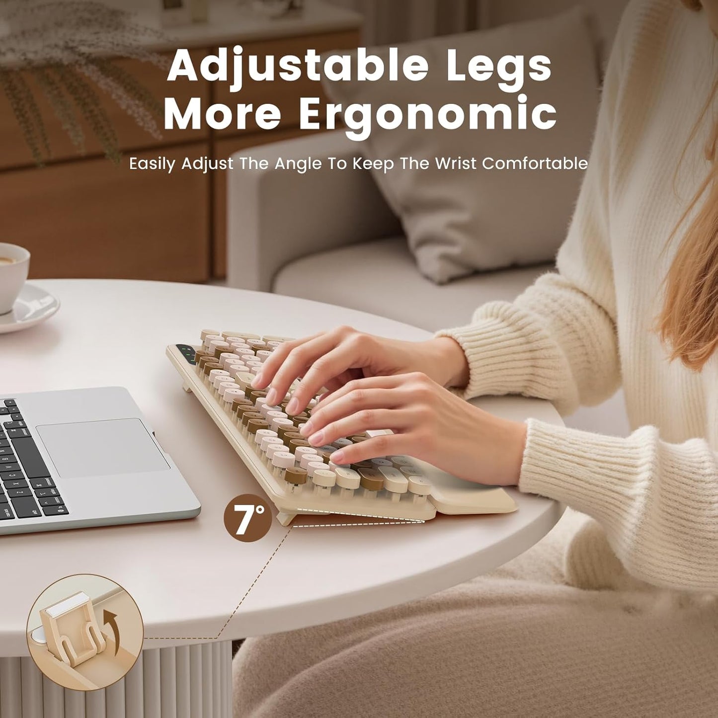 SABLUTE Wireless Keyboard, Round Keycaps, Retro Typewriter Keyboard with Detachable Wrist Rest, Sleep Mode, Foldable Legs, 2.4GHz Full-Size Cordless Computer Keyboard for Windows/PC/Laptop (Latte)