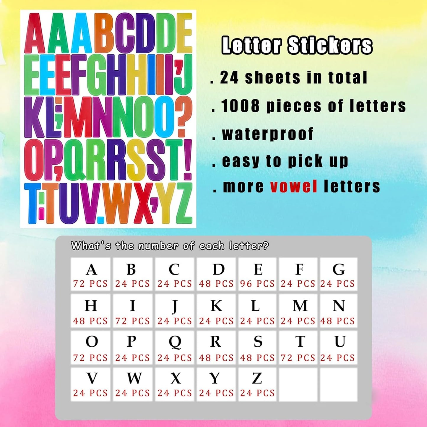 Bemeol 1248 Pieces Letter Stickers 24 Sheets 2 Inch Alphabet Letter Stickers Self Adhesive Sticker Letters for Bulletin Board Classroom Mailbox Door Home Decor(Colorful)