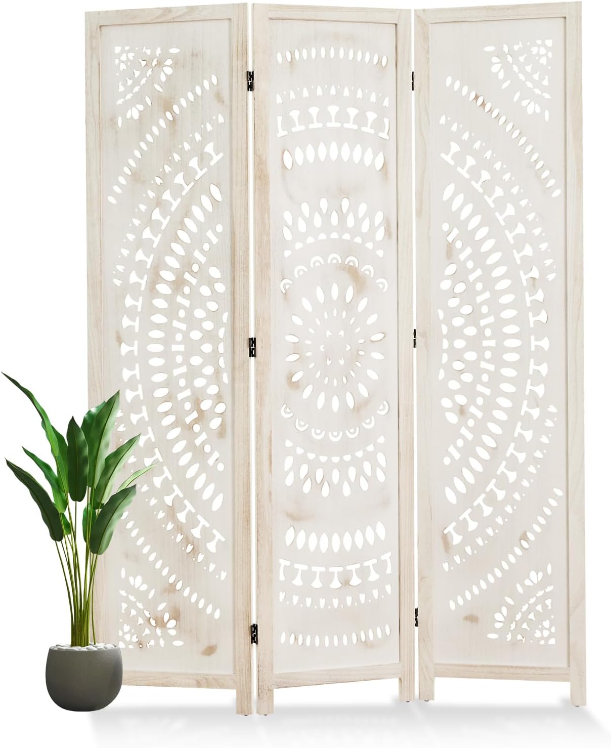 66.9Inch Folding Room Divider, 3 Panels Wood Carved Privacy Screens, Free Assembled Freestanding Partition for Home Office Restaurant Bedroom (White-Washed)