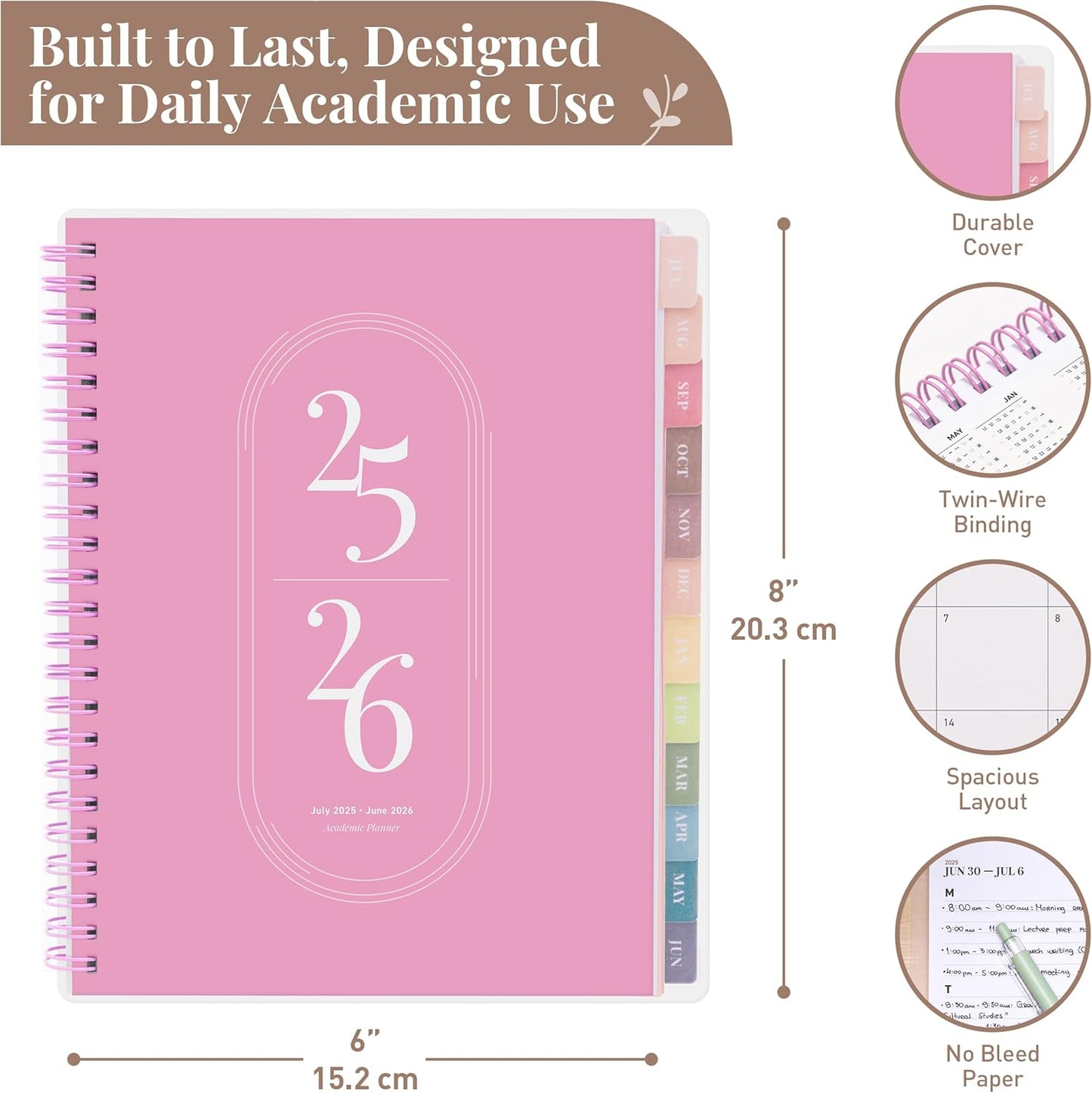 Rileys Academic Planner 2025-2026, Daily, Weekly & Monthly Planner, July 2025 - June 2026, Student Notes Pages, Twin-Wire Binding, Weekly Agenda for School & Work (8 x 6-Inches, Pink)