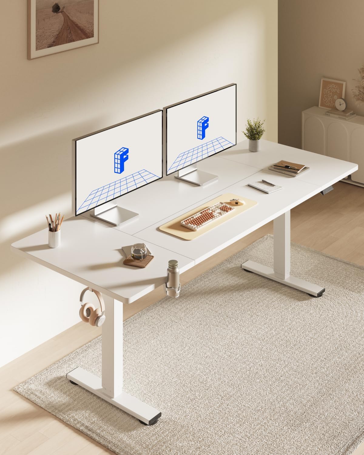 FLEXISPOT 79 x 32 Inch Large Standing Desk, Stand Up Desk with Splice Board, Rising Desks for Home Office, Office Desk with Cup Holder and Headphone Hook (White Frame + White Top, 2 Packages)