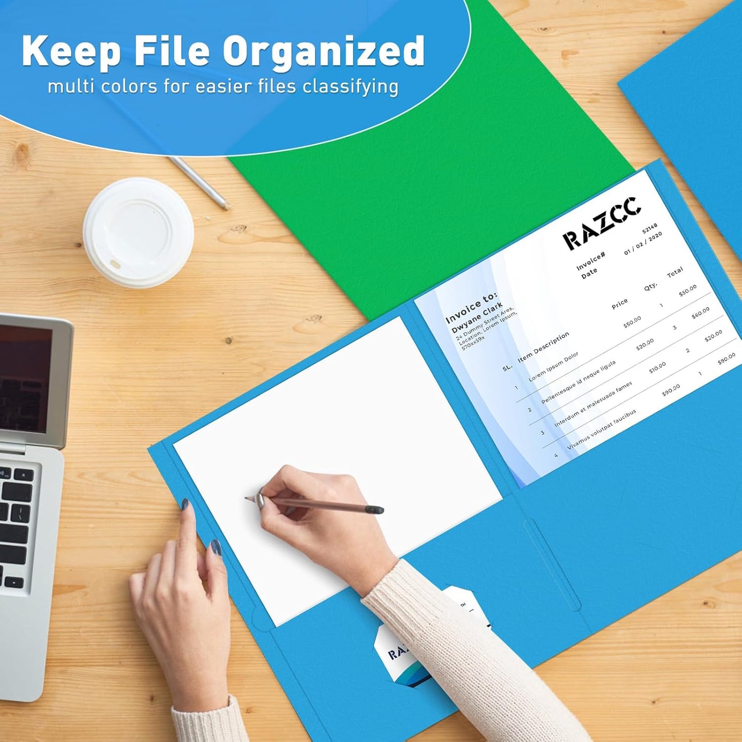 Two Pocket Folders, RAZCC 50 Pack File Folders with Pockets Fit Letter Size Paper, Thick Paper File Folder for School Office Business Home, Assorted 5 Colors