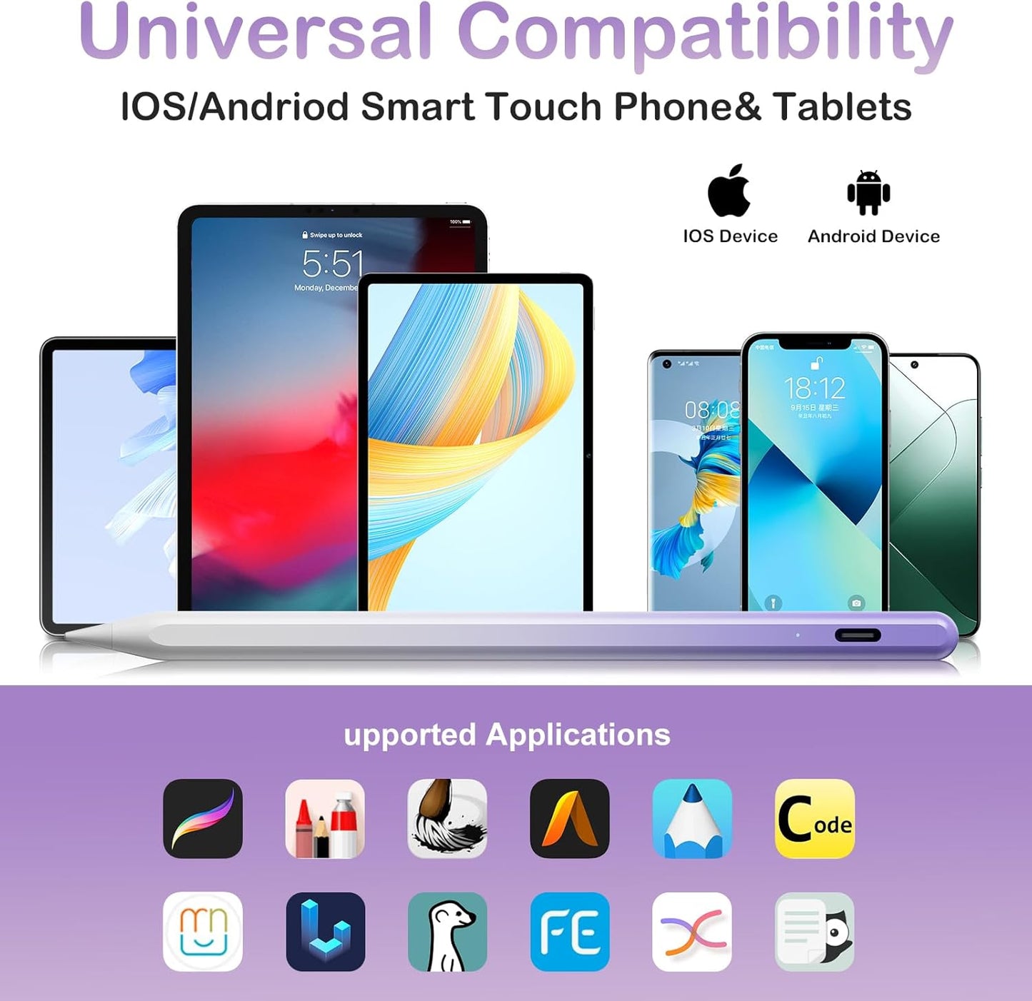 Universal Active Stylus Pen 1.45mm High Precision&Sensitivity Point Capacitive Stylus Compatible for Phone iPad Pro iPad Air Tablets Touch Screen, for iOS&Android Capacitive Touchscreen Pencil