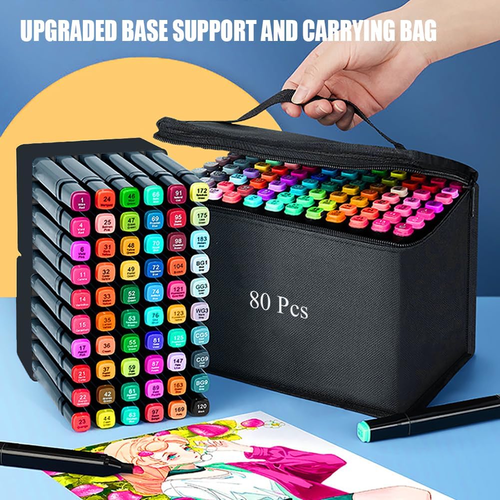 Alcohol Markers, 80 Colors Art Drawing Markers Set for Kids Adults Dual Tip Permanent Sketch Markers, with Organizing Case