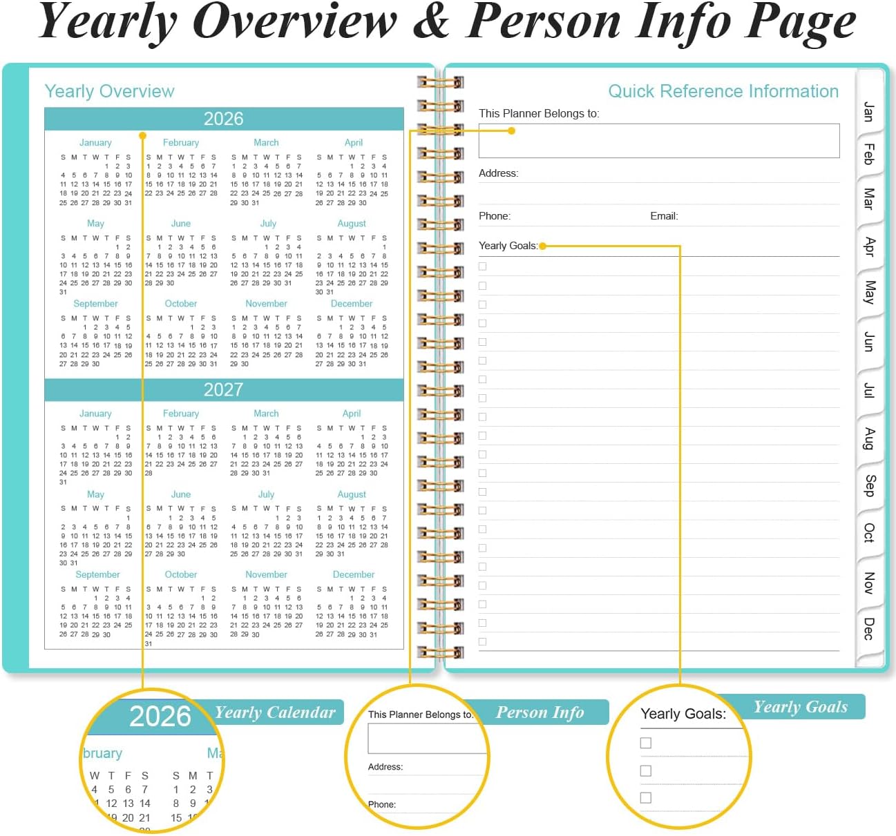2026 Planner - Weekly and Monthly Calendar Planner from Jan 2026 - Dec 2026, Planner 2026 Spiral Bound with 12 Monthly Tabs, Inner Pocket, Perfect for School Office Supplies, 6.4" x 8.5", Teal