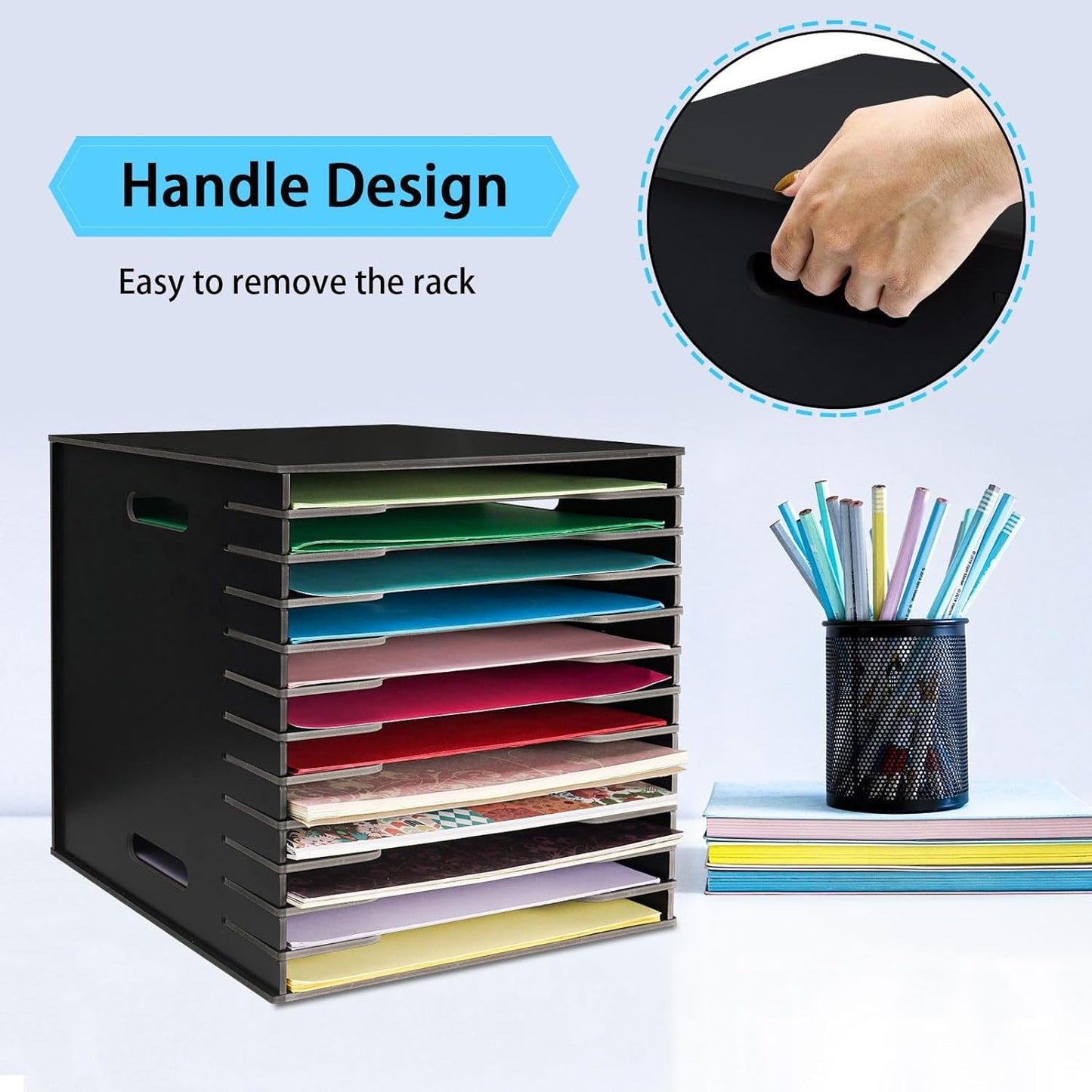 SANFURNEY Scrapbook Paper Organizer for Sizes 12" x 12", 12 Slots File Sorter Storage, Document Holder, Desktop Scrapbook Paper Organizer Rack for Home Office School (Black, 12 Slots - Standard Size)