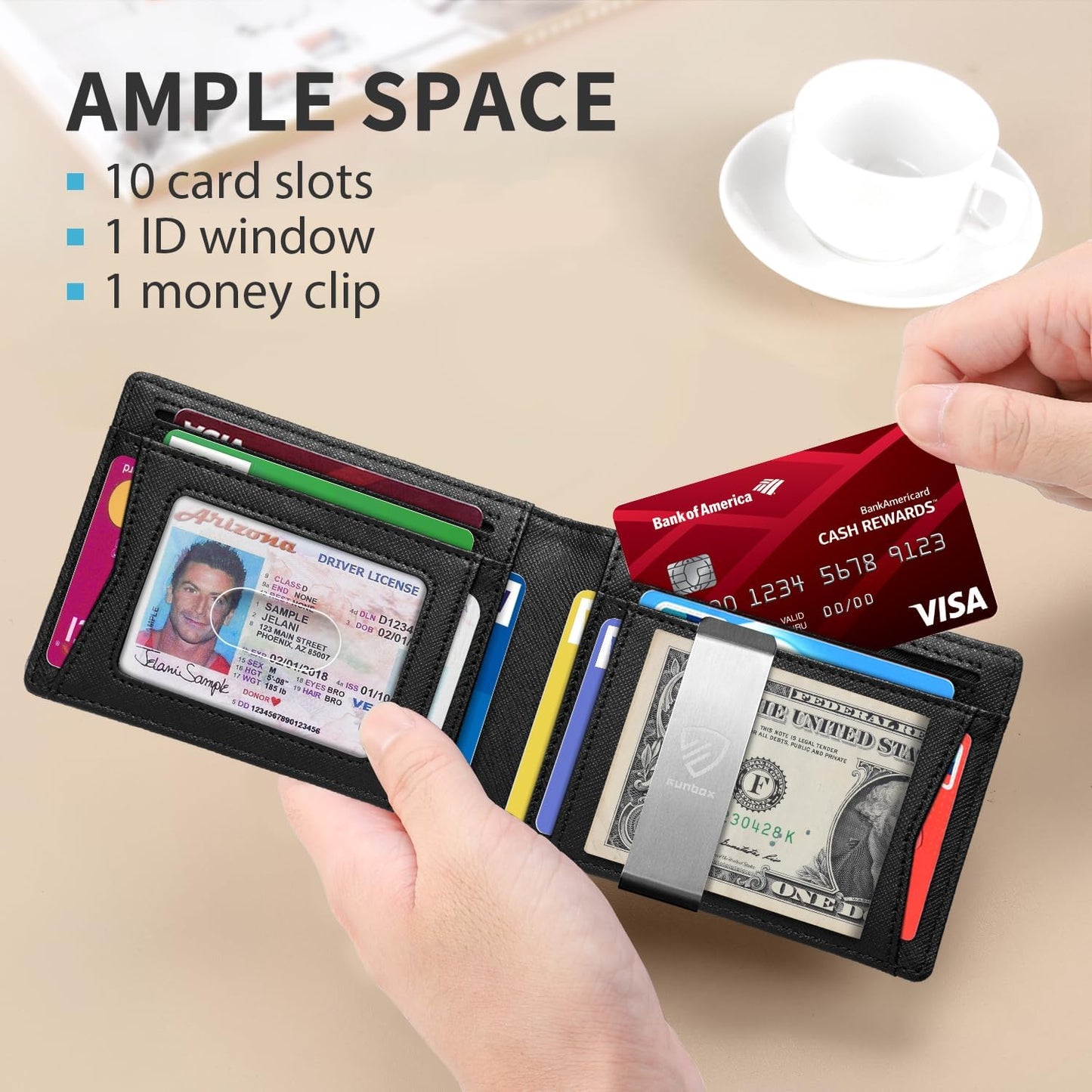 RUNBOX Mens Slim Wallet with Money Clip RFID Blocking Bifold Credit Card Holder for Men with Gift Box