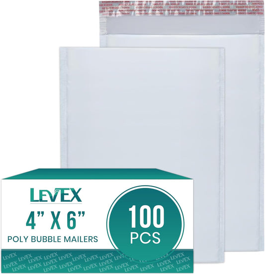 Levex - #0000 4" x 6" [100 Pack] Poly Bubble Mailers, Padded Envelope Mailers, Packing Envelope & Mailing Bags for Shipping