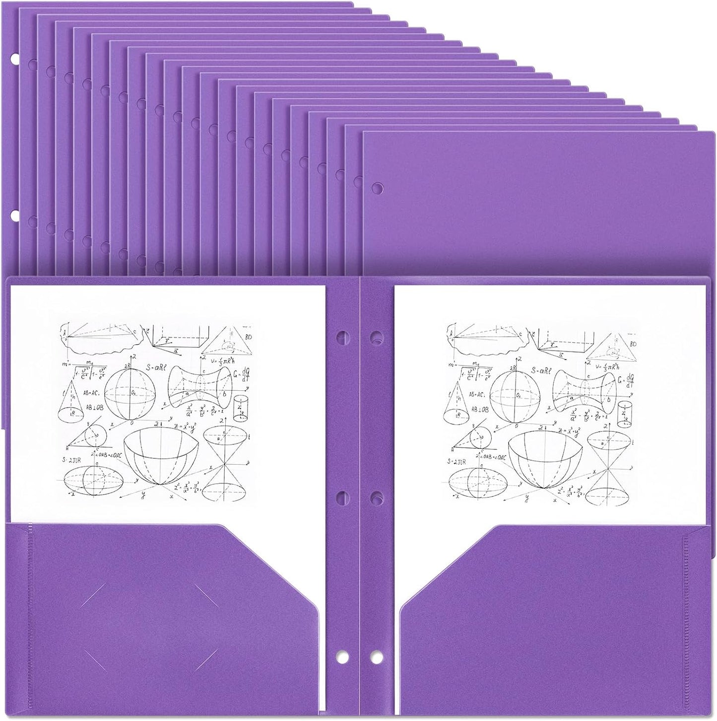 Yeaqee 100 Pcs Plastic Folders with Pockets Bulk 3 Hole Punched 2 Pocket File Folders for 3 Ring Binder Divider Folder for Notebooks, Durable Poly for Office Home (Purple)