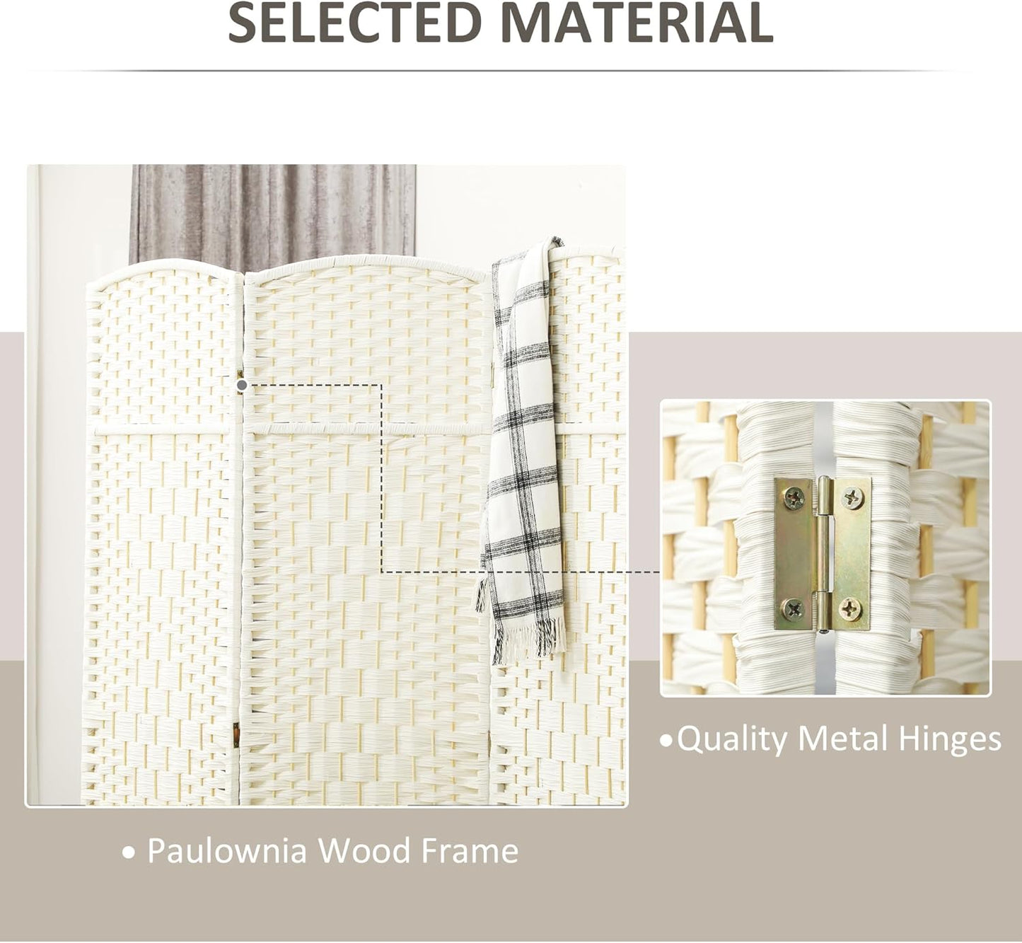 HOMCOM 3 Panel Room Divider, 6' Tall Folding Privacy Screen, Hand-Woven Freestanding Wall Partition for Home Office, Bedroom, White