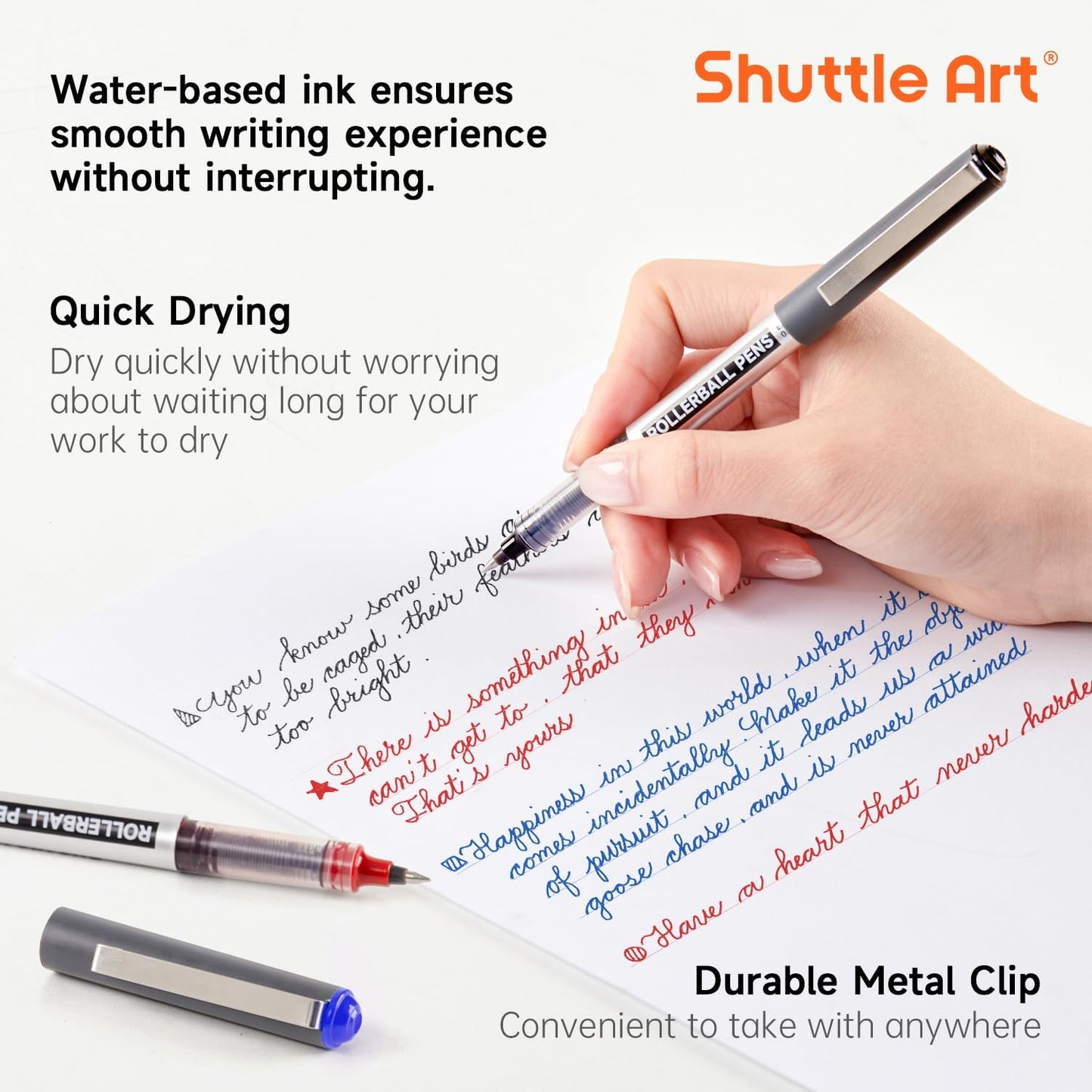 Shuttle Art Rollerball Pens, 10 Pack(8 black 1 blue 1 red) Liquid Ink Pens, 0.5mm Extra Fine Point, Quick Drying for Writing Journaling Taking Notes School Office